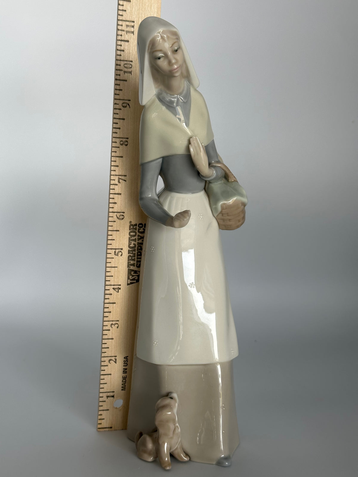 Vintage Lladro Shepherdess Girl with Dog and Basket Porcelain Figurine (#1034)