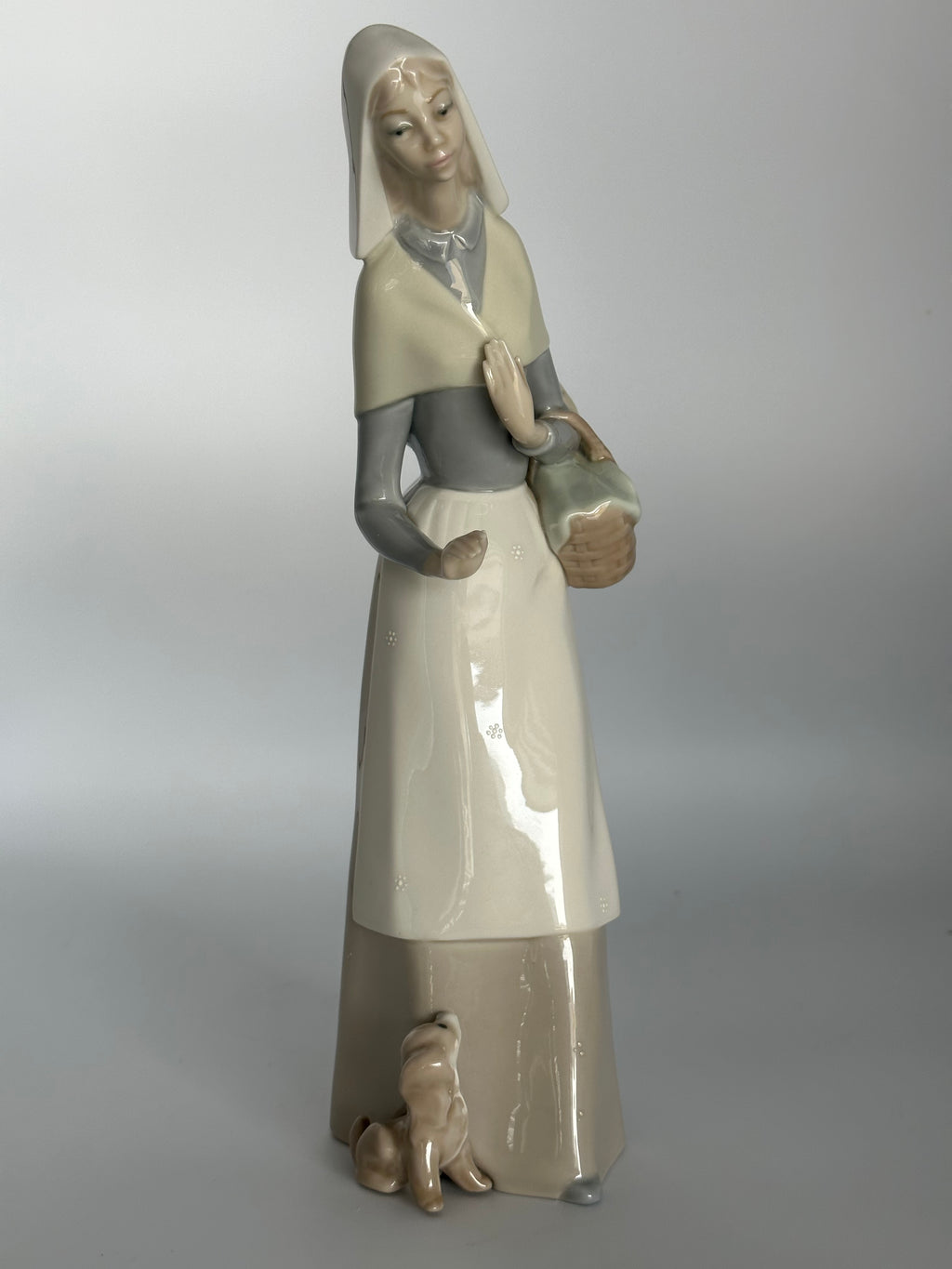 Vintage Lladro Shepherdess Girl with Dog and Basket Porcelain Figurine (#1034)