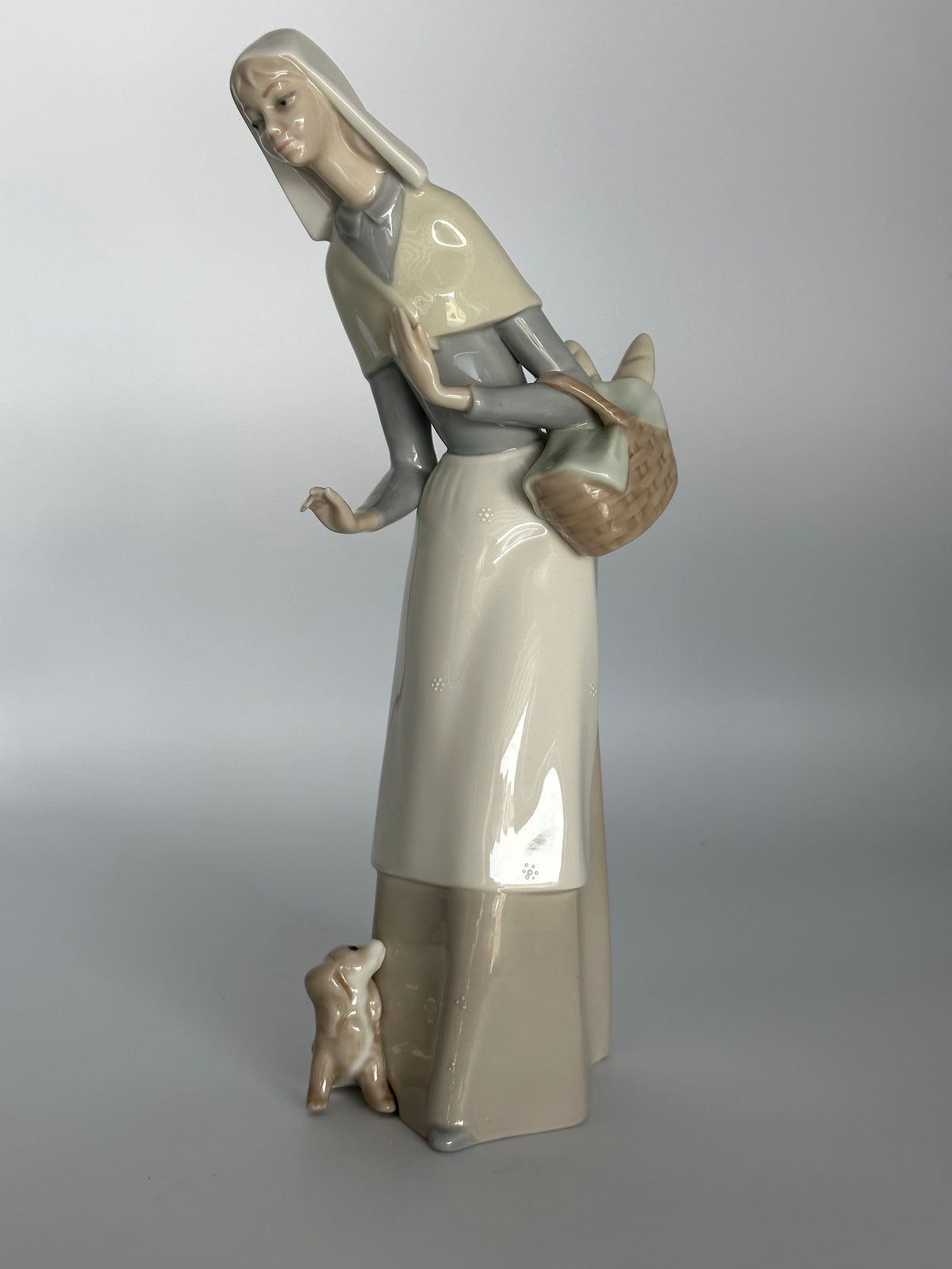Vintage Lladro Shepherdess Girl with Dog and Basket Porcelain Figurine (#1034)