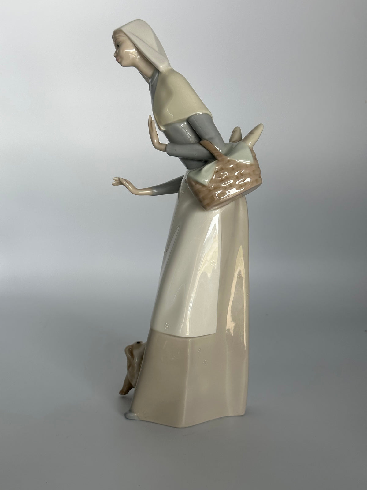 Vintage Lladro Shepherdess Girl with Dog and Basket Porcelain Figurine (#1034)