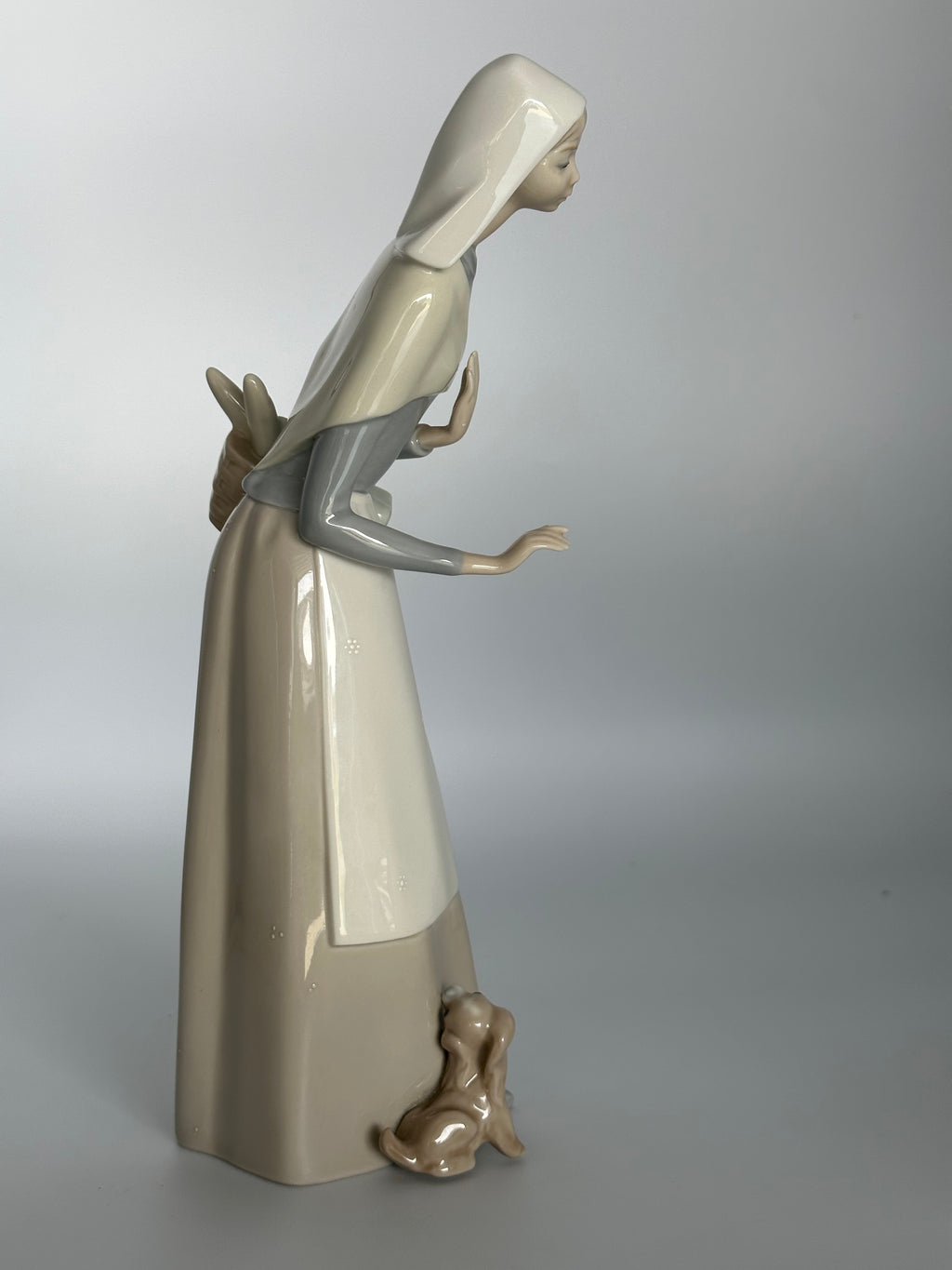 Vintage Lladro Shepherdess Girl with Dog and Basket Porcelain Figurine (#1034)